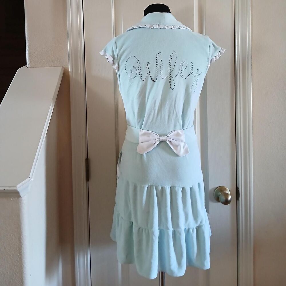 Y2K Betsey Johnson Rhinestone Wifey Terry Robe Ruffles Cap Sleeves Bow XS Bride